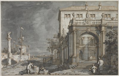 カプリッチョ：ラグーンのそばの中庭のある宮殿、c。 1750-1755。 作： Giovanni Antonio Canal