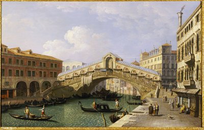 フォンダメンタデルヴィンとフォンダコデイテデスキがある南からのリアルト橋ヴェネツィア 作： Giovanni Antonio Canal