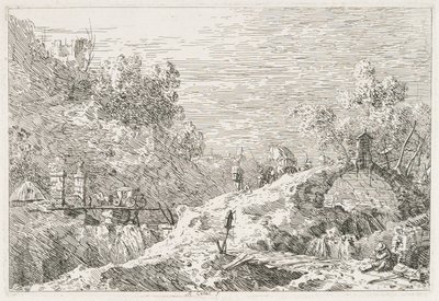 ビュー：5つの橋のある山の風景、1735-1746。 作： Giovanni Antonio Canal