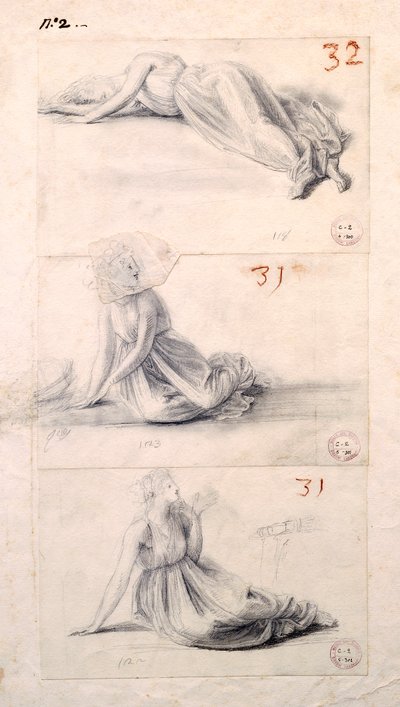 アントニオ・カノーヴァ（1757-1822）の「3つの異なる姿勢をとる女性像」（ドローイング 作： Antonio Canova