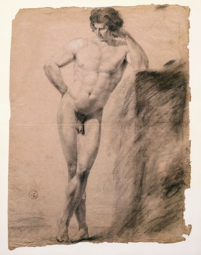 アントニオ・カノーヴァ（1757-1822）の「台座にもたれかかる男性ヌードの習作」、ドローイング 作： Antonio Canova