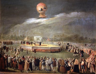 アランフェスの庭園でのバルーンアセンション、1783年頃（キャンバスに油彩） 作： Antonio Carnicero
