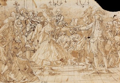 「メヌエット」 - アントニオ・カサノバス・トレンツの作品 (1752-1796) メヌエットペン、紙に茶色のインドインク c. 1780 カタルーニャ国立美術館、バルセロナ 20.9x30 作： Antonio Casanovas i Torrents