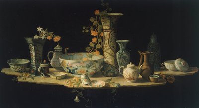 アントニオ・チオチ（1722年から1792年の間）による「磁器製花瓶を配した硬質石製テーブルトップのための準備画」（1875年頃）、油彩・キャンバス。 作： Antonio Cioci or Ciocchi
