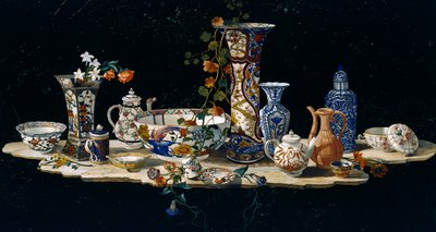 大理石に半貴石のモザイクを施した磁器製花瓶付きテーブルトップ、1797年頃、アントニオ・チオチ（18世紀後半に活躍）のモデルをもとにフィレンツェの大公国の工房で制作されたもの、イタリア、イタリア文化 作： Antonio Cioci or Ciocchi