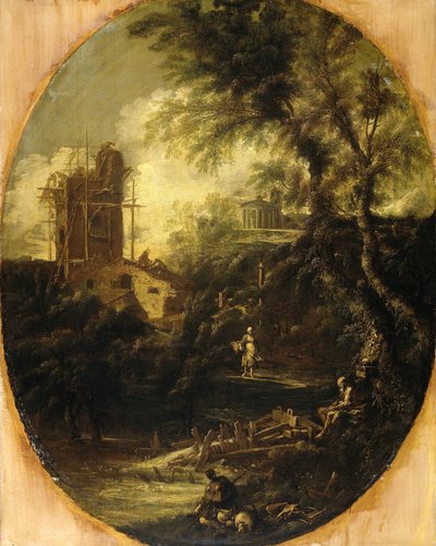 隠者、巡礼者、農民の女性のいる風景 作： Antonio Francesco Peruzzini (attributed to)