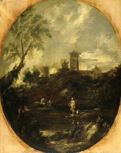 修道士、巡礼者、農民の女性のいる風景 作： Antonio Francesco Peruzzini (attributed to)