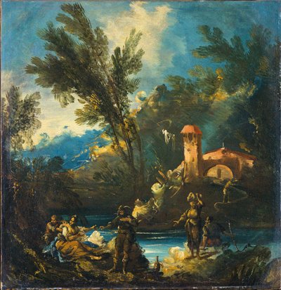 人物のいる森の川の風景 作： Antonio Francesco Peruzzini