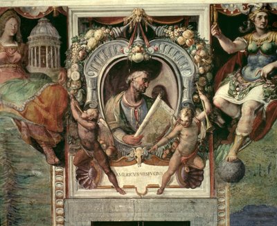 アメリゴ・ヴェスプッチ (1452-1512)、「Sala del Mappamondo」 (世界地図ホール) (フレスコ画) 作： Antonio Giovanni de Varese