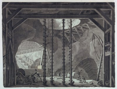 ステージデザイン、洞窟に建物を建設する男性 作： Antonio Giuseppe Basoli