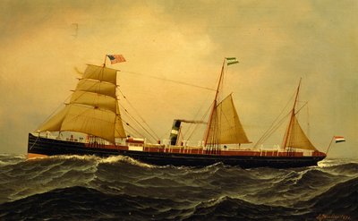 荒れた海に浮かぶ蒸気船シーダム号 作： Antonio Jacobsen