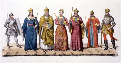 ジュール・フェラリオ著「Le Costume Ancien et Moderne」よりハンガリーの指導者と王たち（1820年代〜30年代に出版されたカラーリトグラフ版） 作： Antonio Lanzani