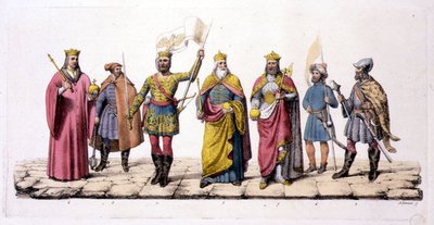ジュール・フェラリオ著「Le Costume Ancien et Moderne」より、ハンガリーの指導者と王たち（1820年代〜30年代に出版されたカラーリトグラフ版） 作： Antonio Lanzani
