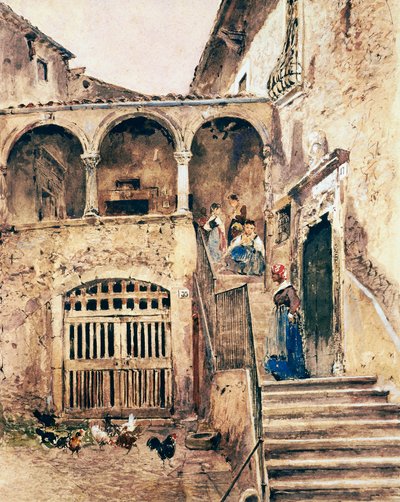 長屋の中庭、アントニオ・マンチーニ作（1852-1930） 作： Antonio Mancini