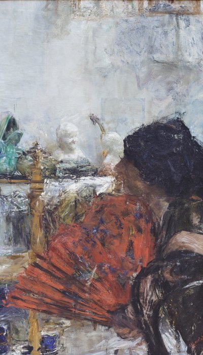 赤い扇子を持つ女性 作： Antonio Mancini