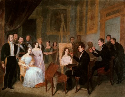 スペイン女王イザベラ2世（1830-1904）の肖像画を描くアトリエのドッジ。アントニオ・マリア・エスキベル・イ・スアレス・デ・ウルビーナ（1806-1857）の絵 作： Antonio María Esquivel y Suárez de Urbina
