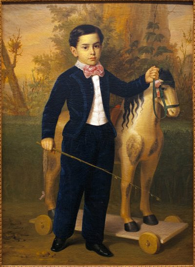 木馬を持った少年の肖像。アントニオ・マリア・エスキヴェル（1806-1857）による絵画、油彩・キャンバス、1851年頃の作品。スペイン、セビーリャの美術館。 作： Antonio María Esquivel y Suárez de Urbina