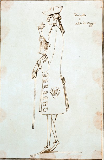 1725年頃、去勢された歌手Carlo Broschi dit Farinelli（1705-1782）がTommaso Albinoniの「La Didone abandonnata」を上演するためにヴェネツィアを訪れた際の肖像。アントン・マリア・ザネッティ（1680-1767）によるドローイング ヴェネツィア・チニ財団 作： Antonio Maria Zanetti