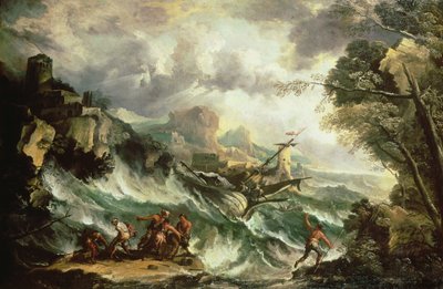難破船のある海景、c.1700-07（キャンバスに油彩）（123093も参照） 作： Antonio Marini