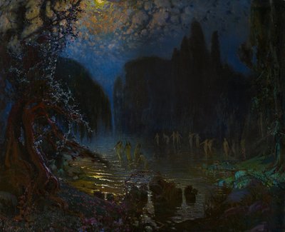 ニンフの入浴 - Munoz Degrain、Antonio (1840-1924) - c. 1915 - キャンバスに油彩 - 76,5x93,5 - カルメン・ティッセン美術館、マラガ 作： Antonio Munoz Degrain