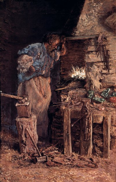 鍛冶屋の金婚式（El herrero en bodas de oro）。アントニ・ムノス・イ・デグラン（1841-1924）による絵画。油彩・キャンバス 作： Antonio Munoz Degrain