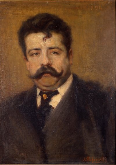 ルッジェーロ・レオンカヴァッロの肖像。イタリアの作曲家（1858年～1919年） アントニオ・パシネッティ（1863年～1940年）による絵画。ミラノのスカラ座美術館。 作： Antonio Pasinetti