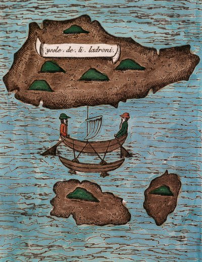 Islas de los Ladrones (今日のマリアナ諸島)、「フェルディナンド マゼランとの最初の世界一周航海の報告」からの色付きの木版画 作： Antonio Pigafetta