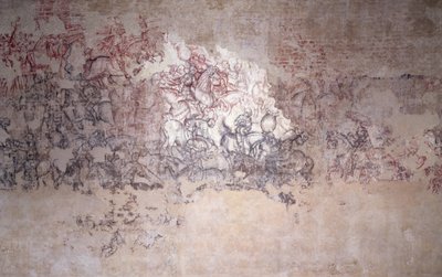 戦いのトーナメント、ピサネロの広場（旧プリンチピの広場）の壁画の断片（シノピア） 作： Antonio Pisanello