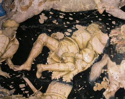 アントニオ・ピサネッロ（1395-1455）のフレスコ画「ルーヴェゼルプの戦い」の詳細。マントヴァのドゥカーレ宮殿。 作： Antonio Pisanello
