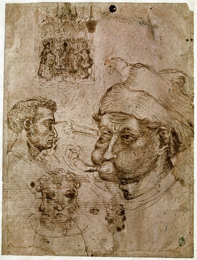 4人の男性の頭、そのうち2人は3つの顔を持つ。祭壇画。馬の絵。Antonio di Puccio Pisano dit Pisanello (1395-1455)の工房で描かれたもの。ブラウンインク、ペン（ドローイング）、血。寸法：27.1x20.5cm。ルーヴル美術館、メダイユの棚。 作： Antonio Pisanello