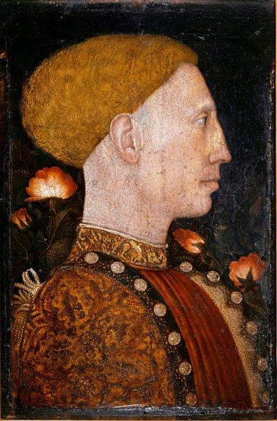 フェラーラ公爵、リオネル・デステ（レオネロ・デステ）（リオネロ）（1407-1450）の肖像。Antonio Pisano dit il Pisanello（1380-1455）の絵画 木に油彩。ディム：28x19cm。ベルガモ、カッラーラアカデミー 作： Antonio Pisanello