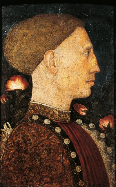 アントニオ・ピサーノ（ピサネロ）（1395年以前～1455年頃）による「リオネロ・デステの肖像」（1441年頃）、木にテンペラ、28x19cm 作： Antonio Pisanello