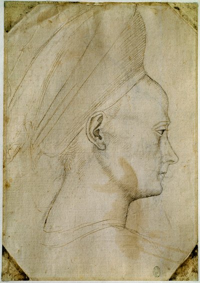 若い女性の頭部、右横向き。Antonio di Puccio Pisano dit Pisanello (1395-1455)の工房で描かれたもの。茶色のインク、黒い石、羽。寸法：24,6x17,2cm。ルーヴル美術館、キャビネ・デッサン 作： Antonio Pisanello