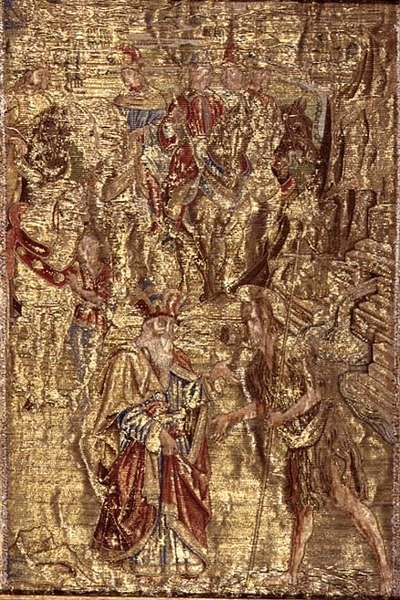 聖人の生涯を描いたタペストリー「洗礼者ヨハネと大祭司の出会い」（織物） 作： Antonio Pollaiuolo