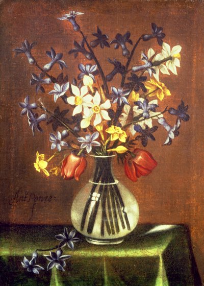 ヒヤシンス、チューリップ、キジの目を含む花の静物（油） 作： Antonio Ponce