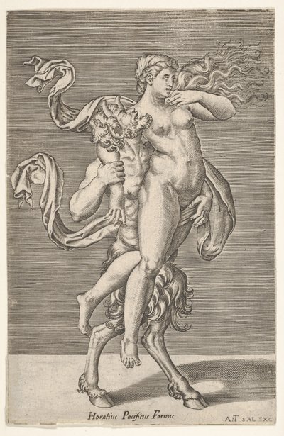 右腕がサテュロスの首に巻き付けられたニンフを運ぶサテュロス。 1505-62。 作： Antonio Salamanca