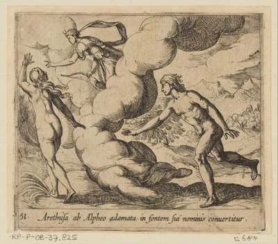 Arethusa wordt achtervolgd ドア Alpheus アルフェウスと恋に落ちたアレトゥーサは、彼女の名前の由来になっています（オブジェクトのタイトル） Metamorphoseon または変換 (シリーズ タイトル) Metamorfosen van Ovidius (シリーズタイトル) 作： Antonio Tempesta