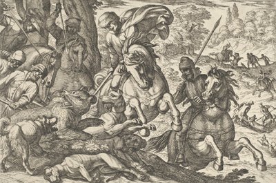 熊狩り、「狩猟の情景 VI」より、1609 年。 作： Antonio Tempesta
