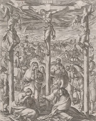 キリストは、1612 年に十字架のふもとにいる 2 人の泥棒、3 人のマリアの間で十字架につけられました。 作： Antonio Tempesta