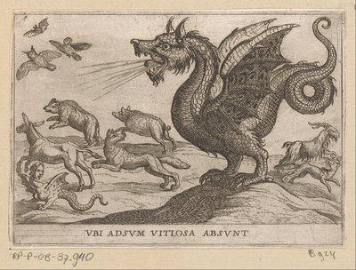 ドラゴンが他の動物を追い払う Ubi adsum vitiosa absunt (オブジェクトのタイトル) 戦う動物（シリーズタイトル） 作： Antonio Tempesta