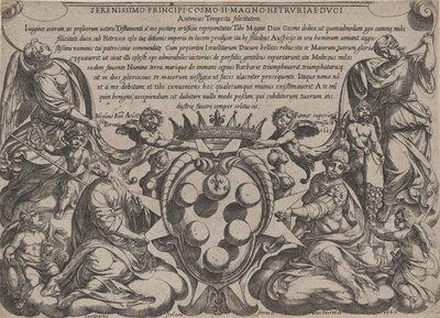 旧約聖書の戦い」の扉には、1660年に出版された「王冠をかぶったメディチ家の腕」が描かれています。 作： Antonio Tempesta