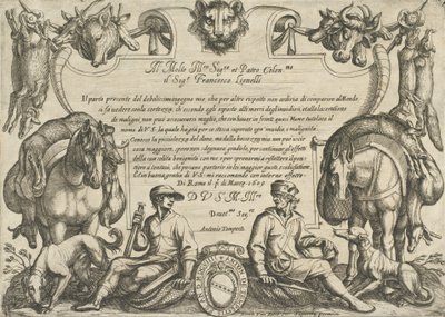 「狩猟の情景 VI」のハンター、犬、馬の口絵、1609 年。 作： Antonio Tempesta