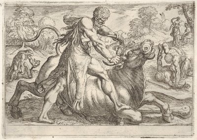 Hercules and Achelous：中央でヘラクレスは雄牛の角を掴みながら、彼の頭蓋骨を押します...、1608。 作： Antonio Tempesta