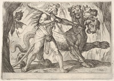 ヘラクレスとケルベロス：ヘラクレスはケルベロスの首輪をつかみ、2つの悪魔が左に現れます...、1608。 作： Antonio Tempesta