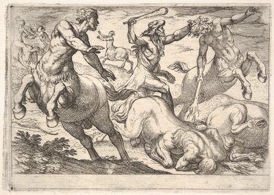ヘラクレスとケンタウロス：ヘラクレスはケンタウロスの頭を左手で持ち、ライ...、1608年。 作： Antonio Tempesta