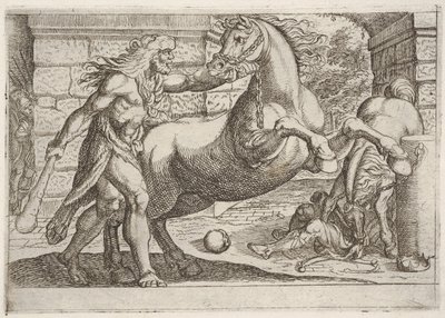 ヘラクレスとディオメデスの雌馬：ヘラクレスは飼育馬の手綱、一秒...、1608年をつかみます。 作： Antonio Tempesta