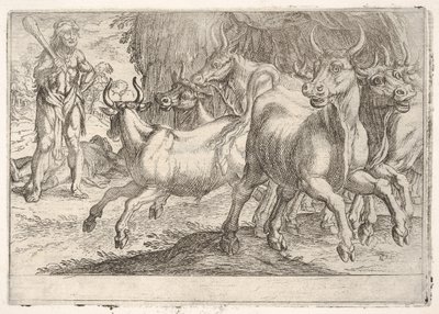ヘラクレスとジェリオネスの牛：右手でクラブを育て、ヘラクレスが直面する...、1608年。 作： Antonio Tempesta