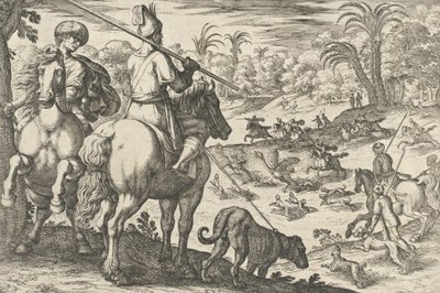 ダチョウ狩り、「狩猟の情景 VI」より、1609 年。 作： Antonio Tempesta