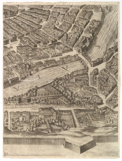 ローマ市の計画。テヴェレ川とヴィラファルネジーナのパート10、1645。 作： Antonio Tempesta