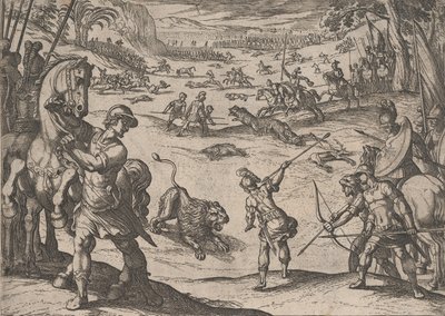 プレート 11: 「アレキサンダー大王の功績」より、アレキサンダーのライオン狩り、1608 年。 作： Antonio Tempesta